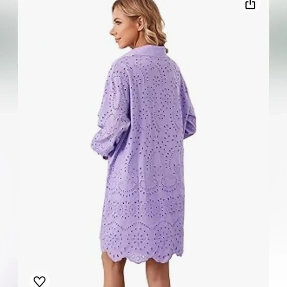 Embroidery Eyelet Shirt Dress Button Down Long Sleeve  Mini Shirt Dress new - Picture 2 of 7